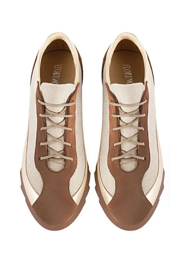 Chocolate brown and gold women's two-tone elegant sneakers. Round toe. Low rubber soles. Top view - Florence KOOIJMAN